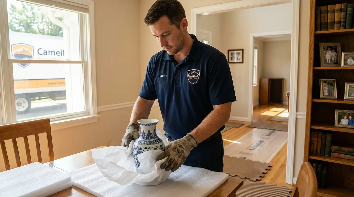 Professional crew carefully wrapping antique vase for senior downsizing move in Sale Creek, TN